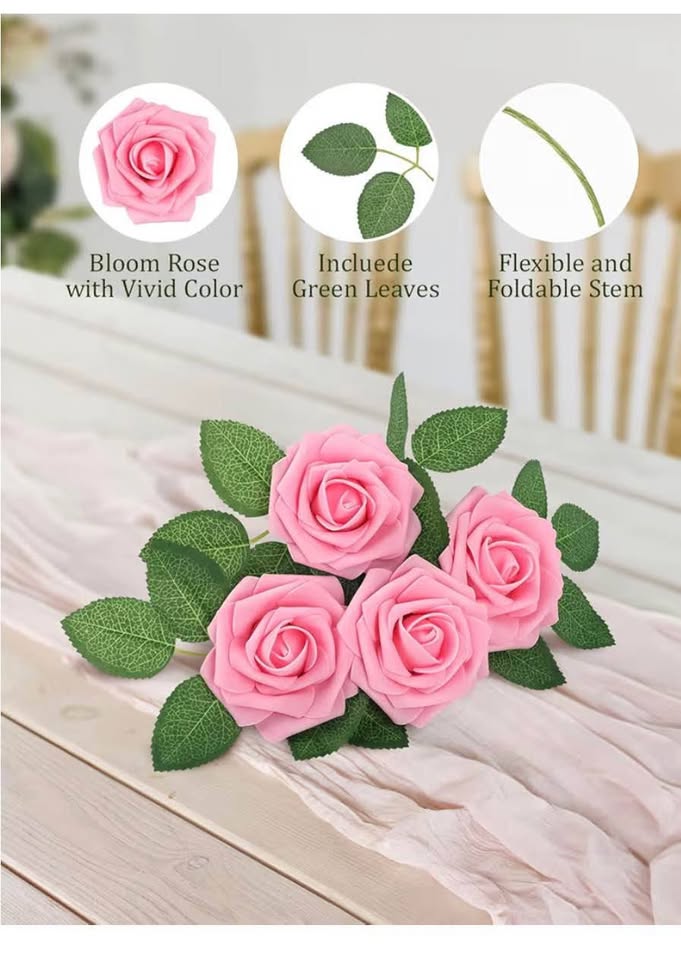 30PCS Pink Artificial Flower Roses Real Touch Fake Flowers with Stem Foam Roses 