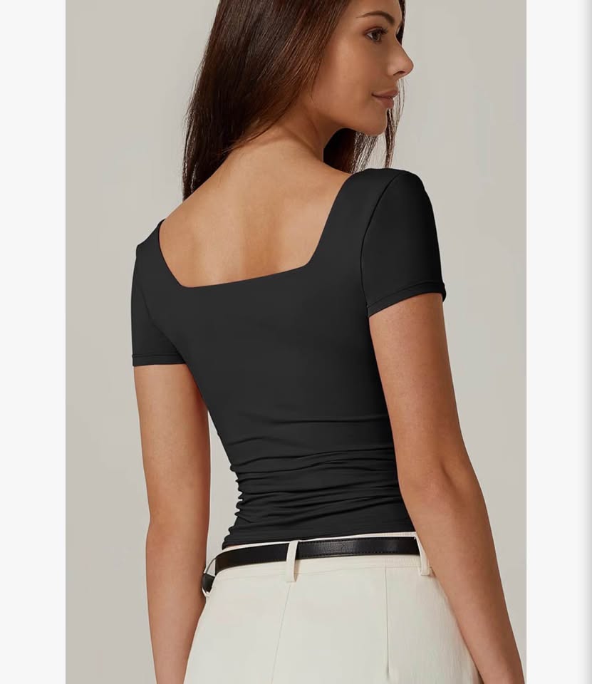 Black Square Neck Short Sleeve Top