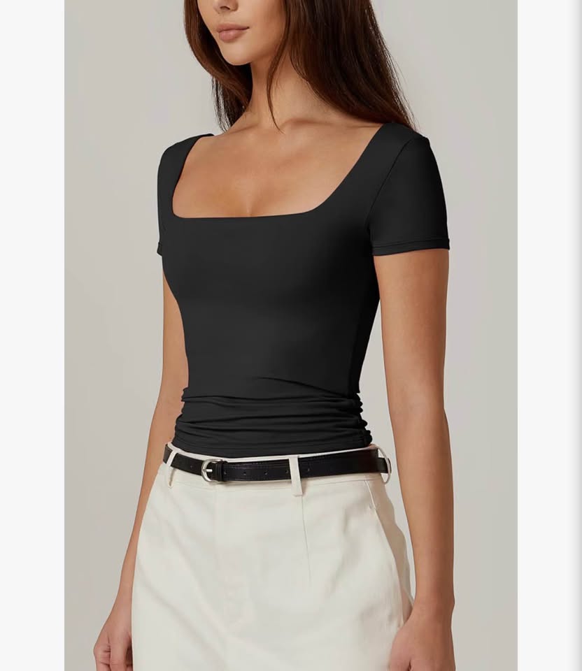 Black Square Neck Short Sleeve Top