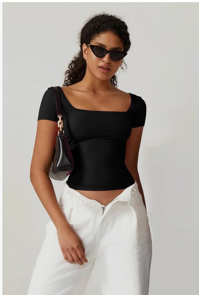 Black Square Neck Short Sleeve Top