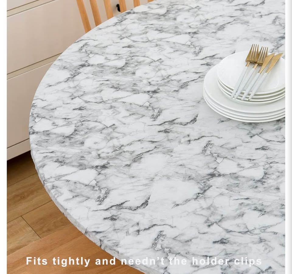 Round Vinyl Fitted Tablecloth with Flannel Backing Elastic Edge Table Cover Wate