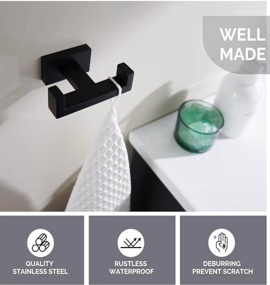 Angle Simple Double Towel Hook Matte Black, Stainless Steel Bathroom Towel Holde