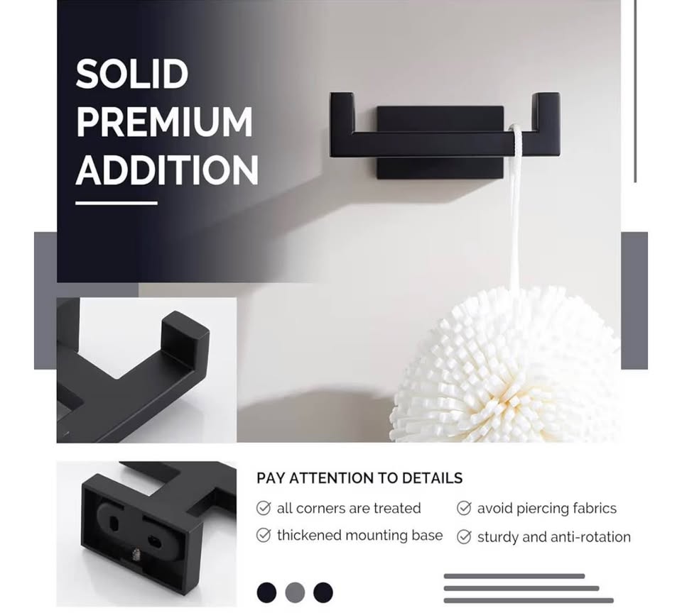 Angle Simple Double Towel Hook Matte Black, Stainless Steel Bathroom Towel Holde