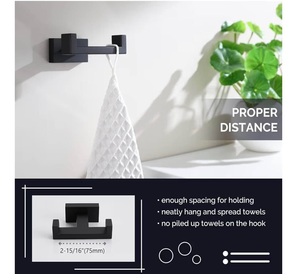 Angle Simple Double Towel Hook Matte Black, Stainless Steel Bathroom Towel Holde