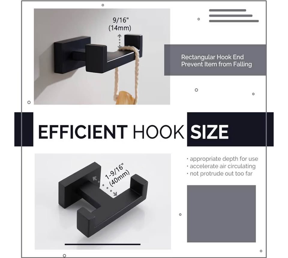 Angle Simple Double Towel Hook Matte Black, Stainless Steel Bathroom Towel Holde