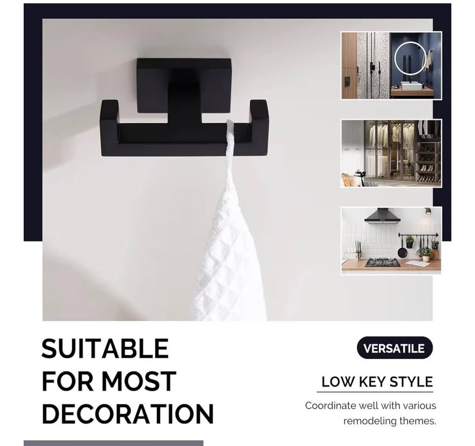 Angle Simple Double Towel Hook Matte Black, Stainless Steel Bathroom Towel Holde
