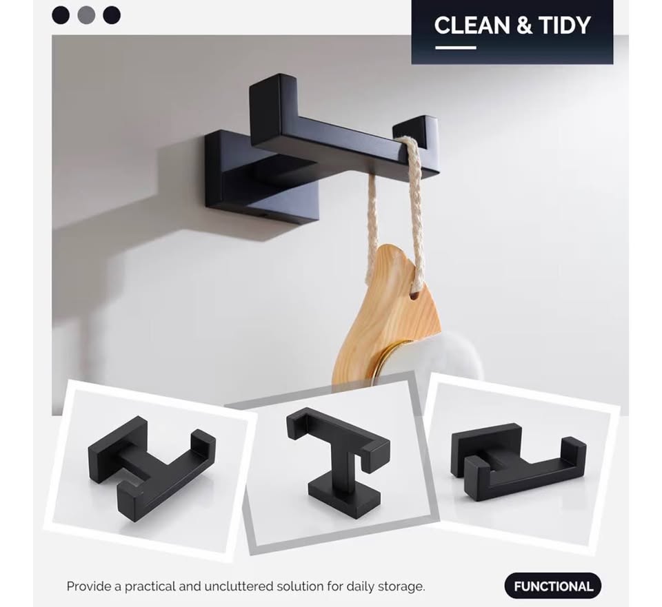 Angle Simple Double Towel Hook Matte Black, Stainless Steel Bathroom Towel Holde