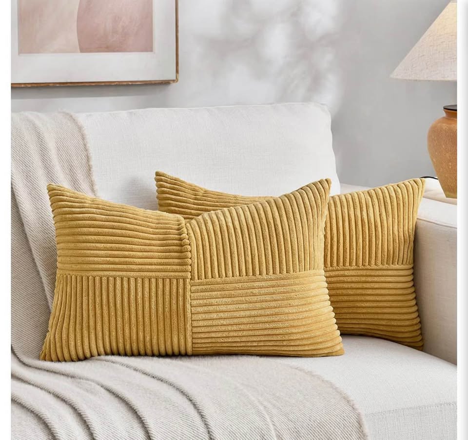 Set of 2 Mustard Yellow Corduroy Patchwork Throw Pillow Covers