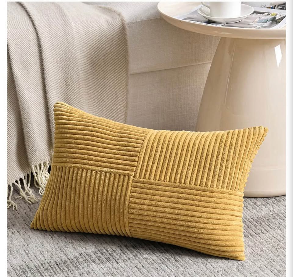 Set of 2 Mustard Yellow Corduroy Patchwork Throw Pillow Covers