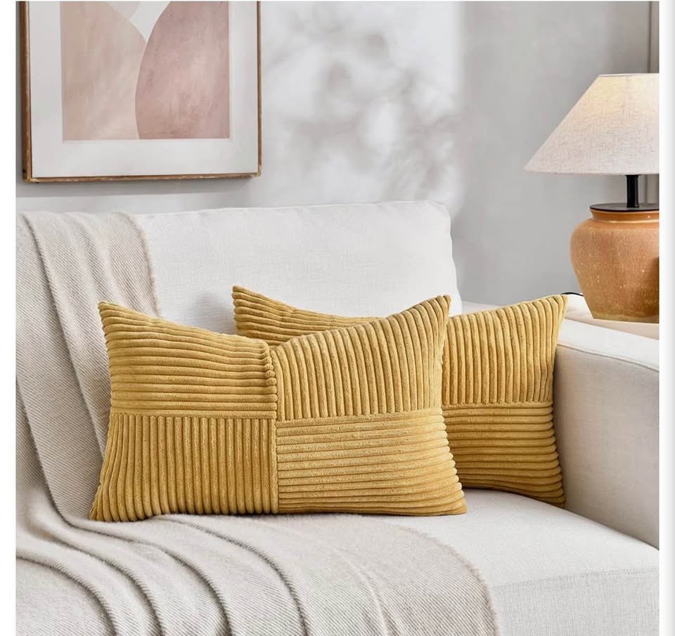 Set of 2 Mustard Yellow Corduroy Patchwork Throw Pillow Covers
