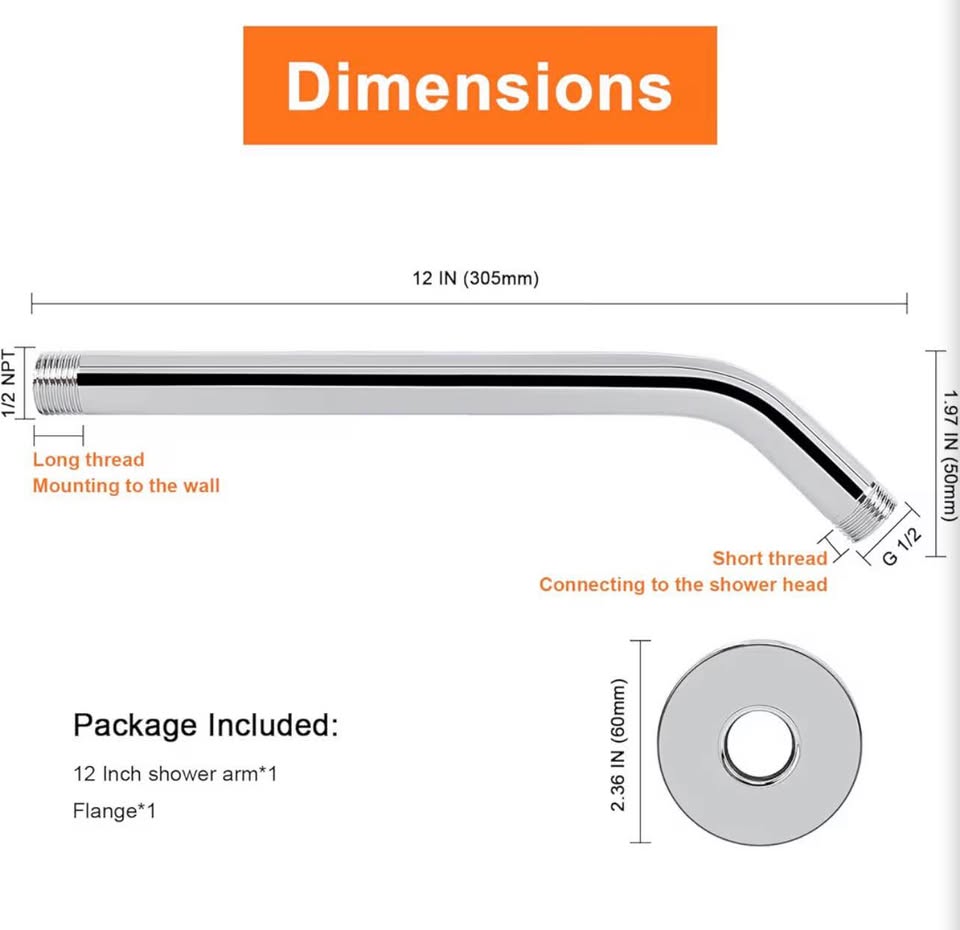 12-Inch Stainless Steel Shower Arm with Flange