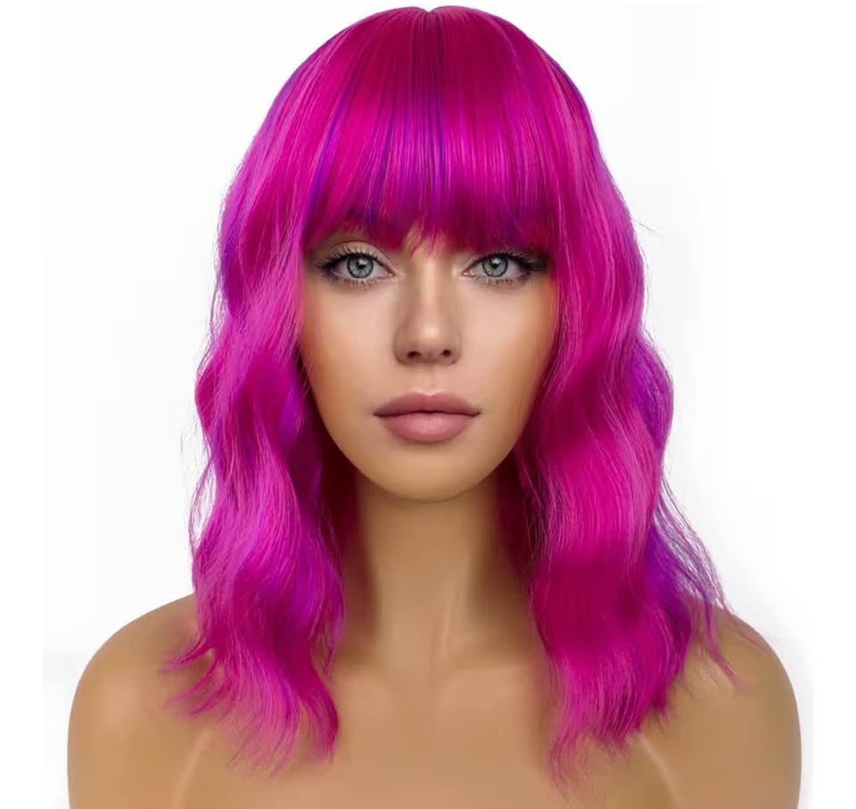 Short Bob Wigs with Bangs for Women Loose Wavy Wig Curly Wavy Shoulder Length Bo