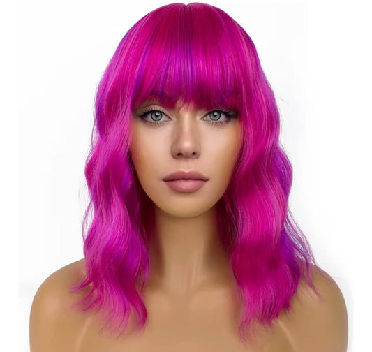 Short Bob Wigs with Bangs for Women Loose Wavy Wig Curly Wavy Shoulder Length Bo