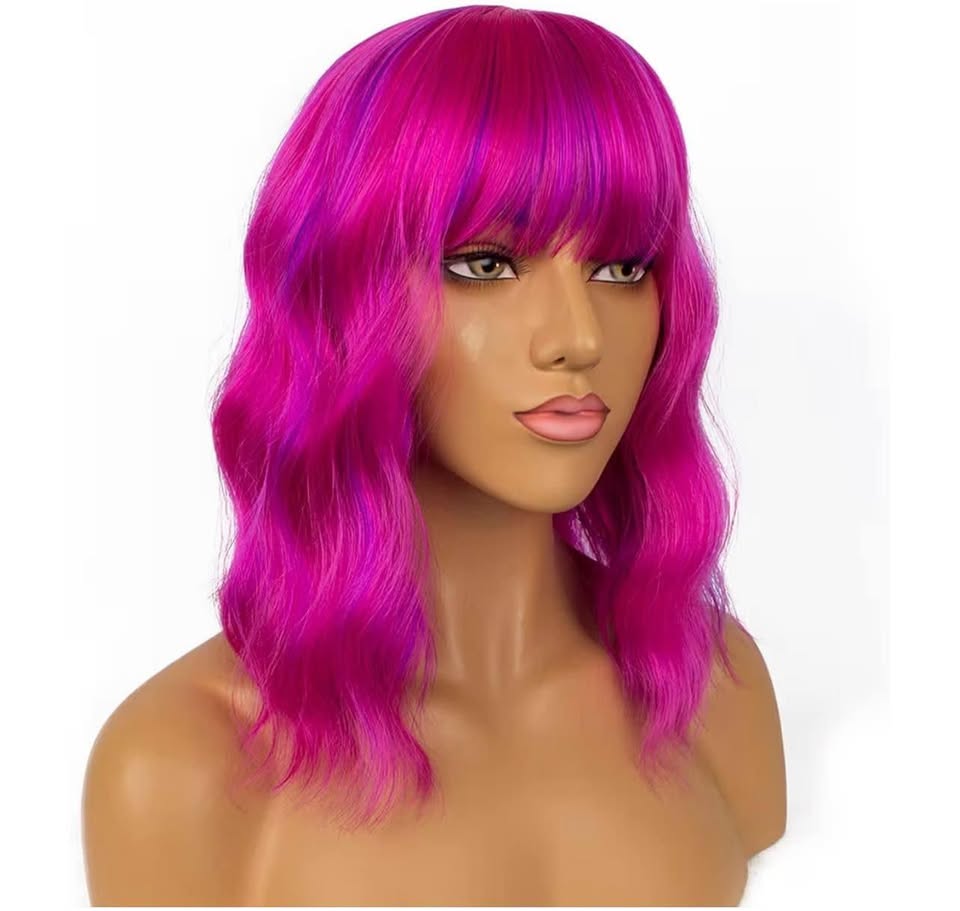 Short Bob Wigs with Bangs for Women Loose Wavy Wig Curly Wavy Shoulder Length Bo