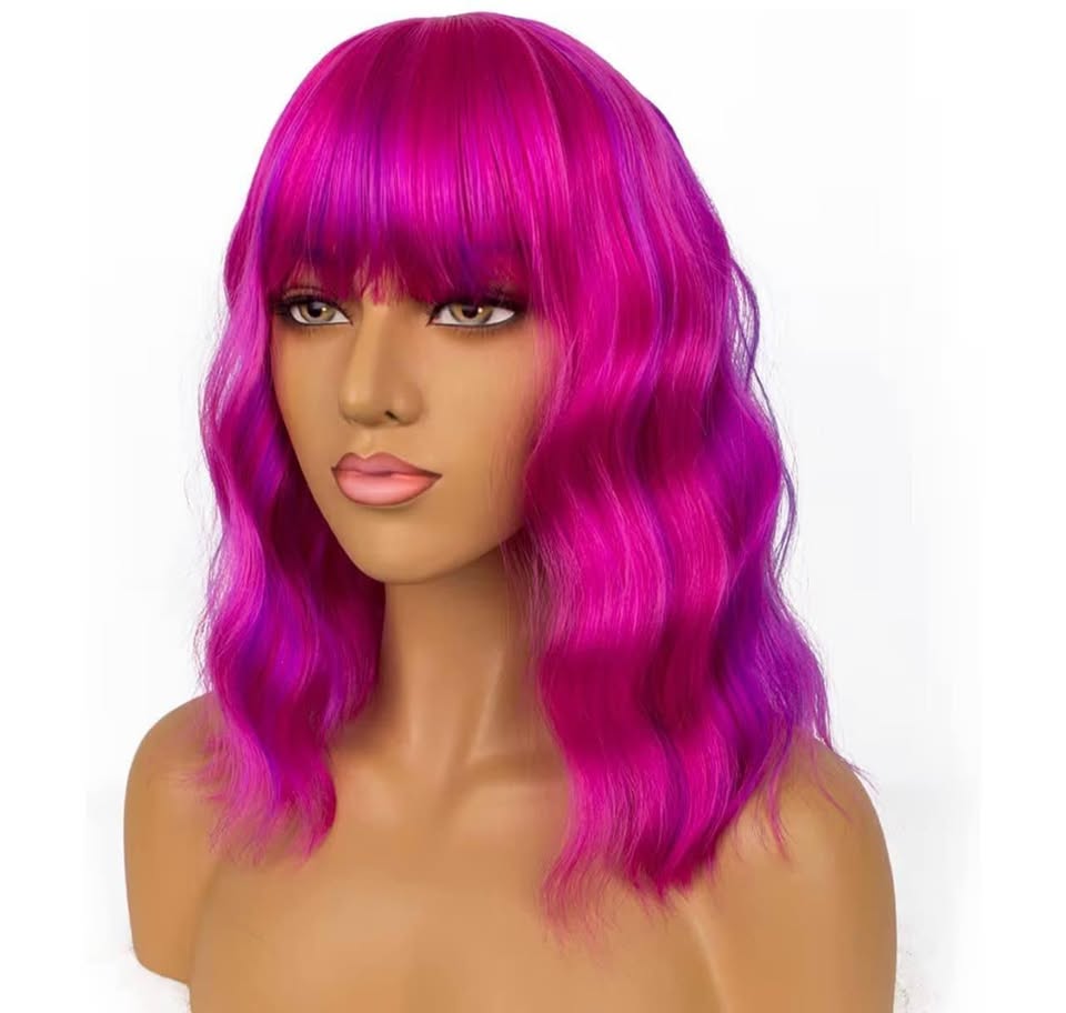 Short Bob Wigs with Bangs for Women Loose Wavy Wig Curly Wavy Shoulder Length Bo