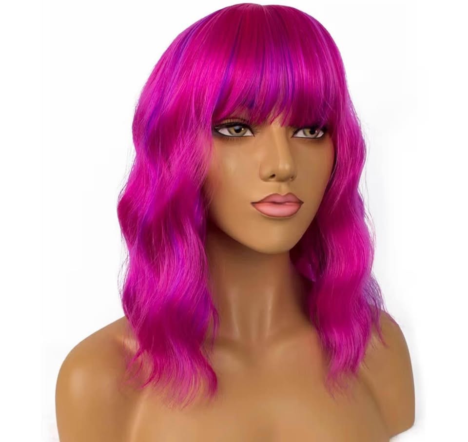 Short Bob Wigs with Bangs for Women Loose Wavy Wig Curly Wavy Shoulder Length Bo