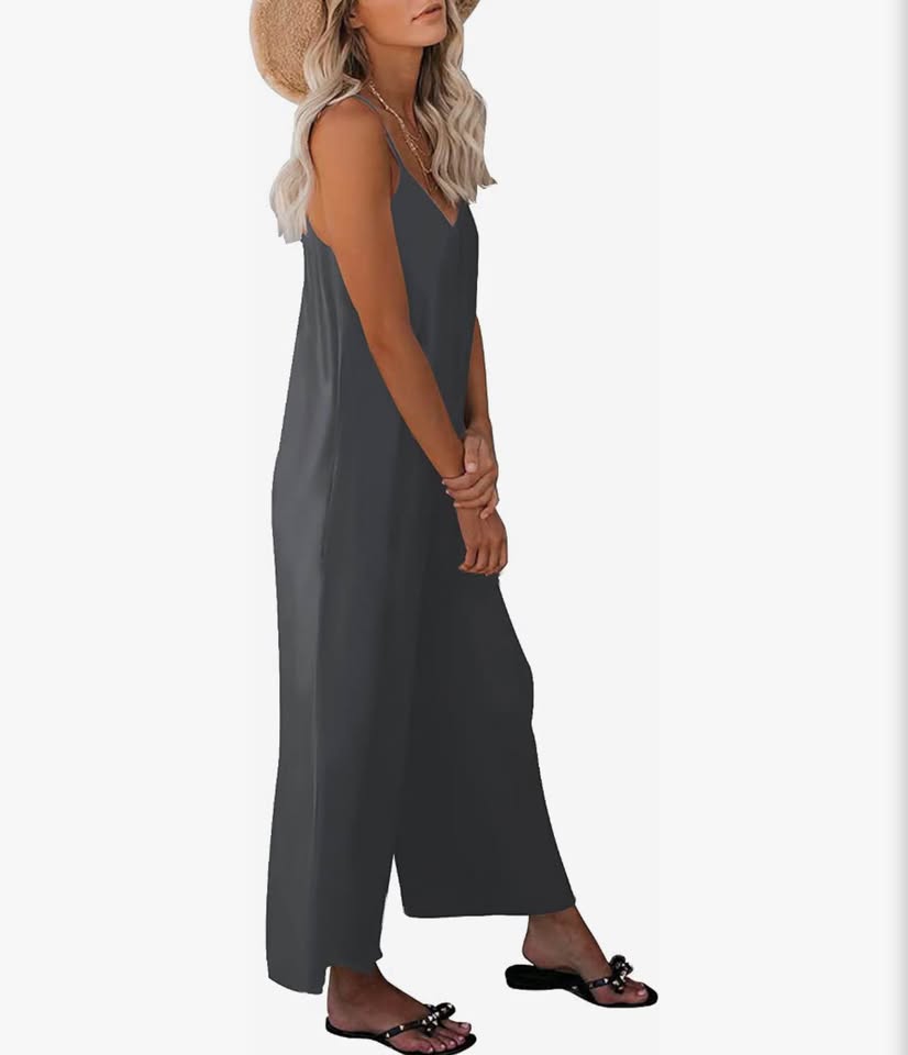 Womens Casual Sleeveless Strap Loose Adjustable Jumpsuits Stretchy Long Pants Gr
