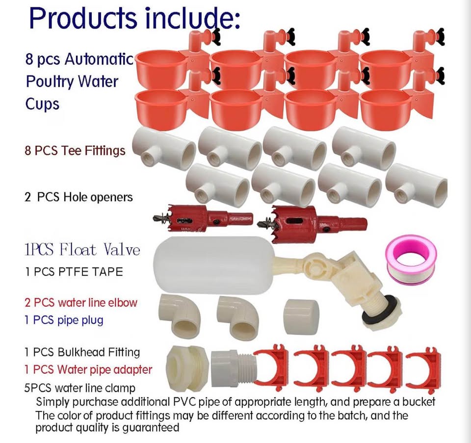 Complete Set Pipeline Automatic Chicken Nipple Waterer Cups and 1/2" PVC Tee Fit