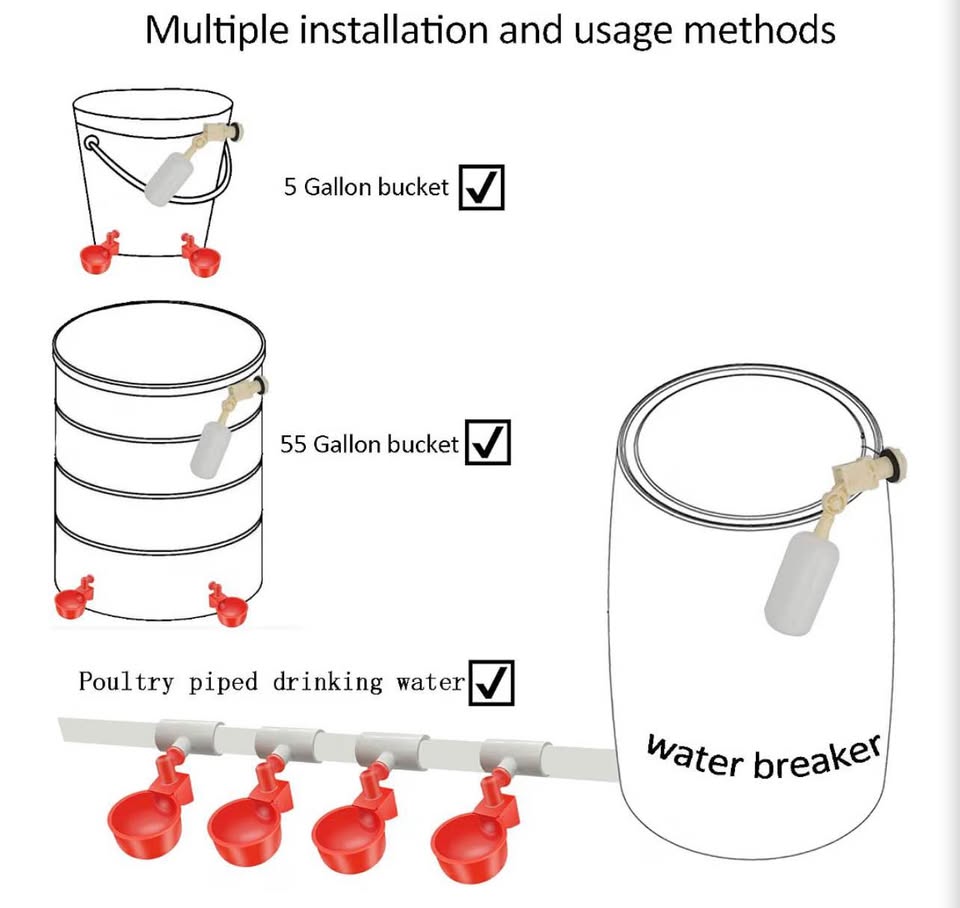 Complete Set Pipeline Automatic Chicken Nipple Waterer Cups and 1/2" PVC Tee Fit