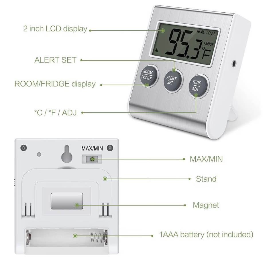 Digital Refrigerator and Freezer Thermometer with Alarm