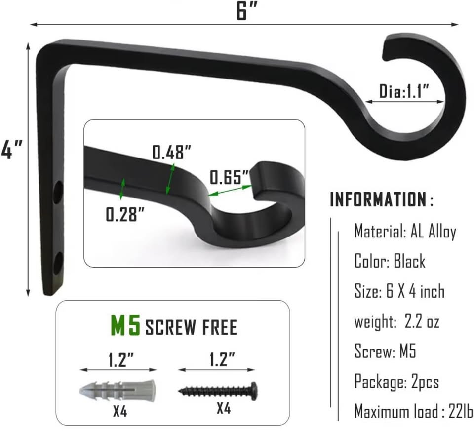 2-Pack Black Aluminum Alloy Wall Hooks