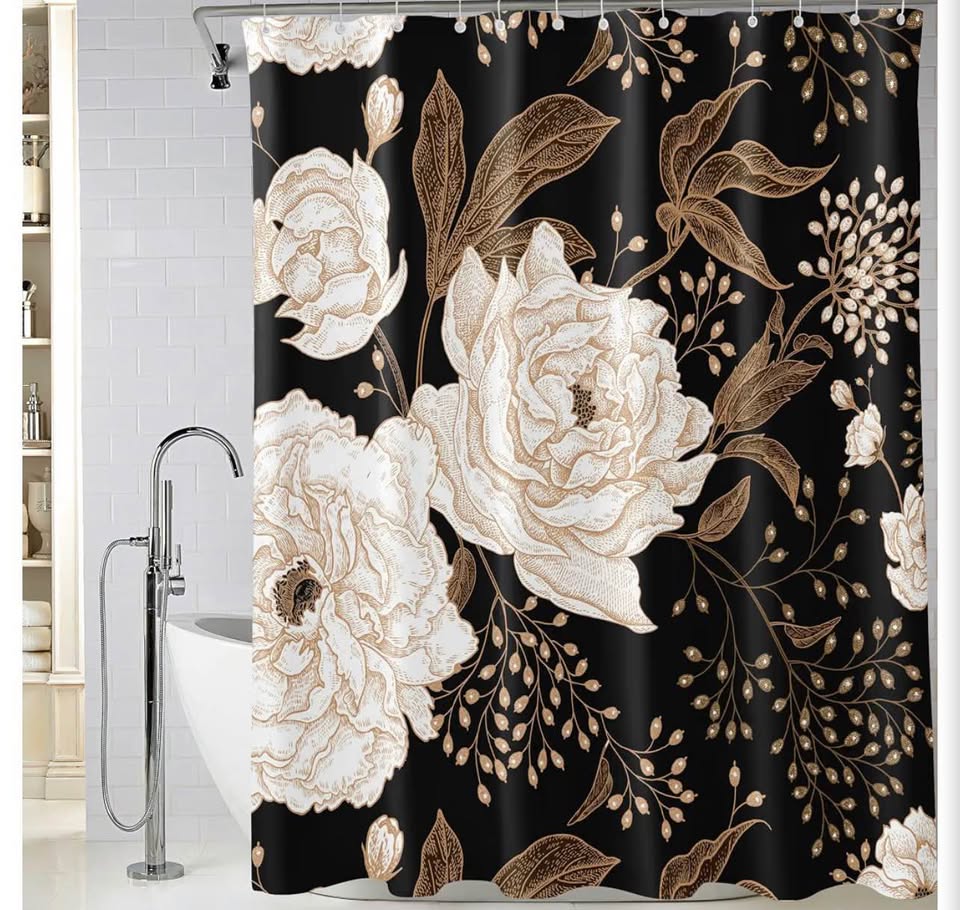 Extra Long Black Gold Floral Shower Curtain 72 x 84 Inch, Waterproof Fabric Wate