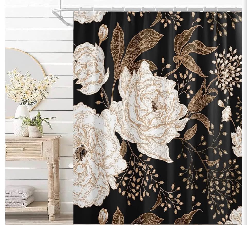 Extra Long Black Gold Floral Shower Curtain 72 x 84 Inch, Waterproof Fabric Wate