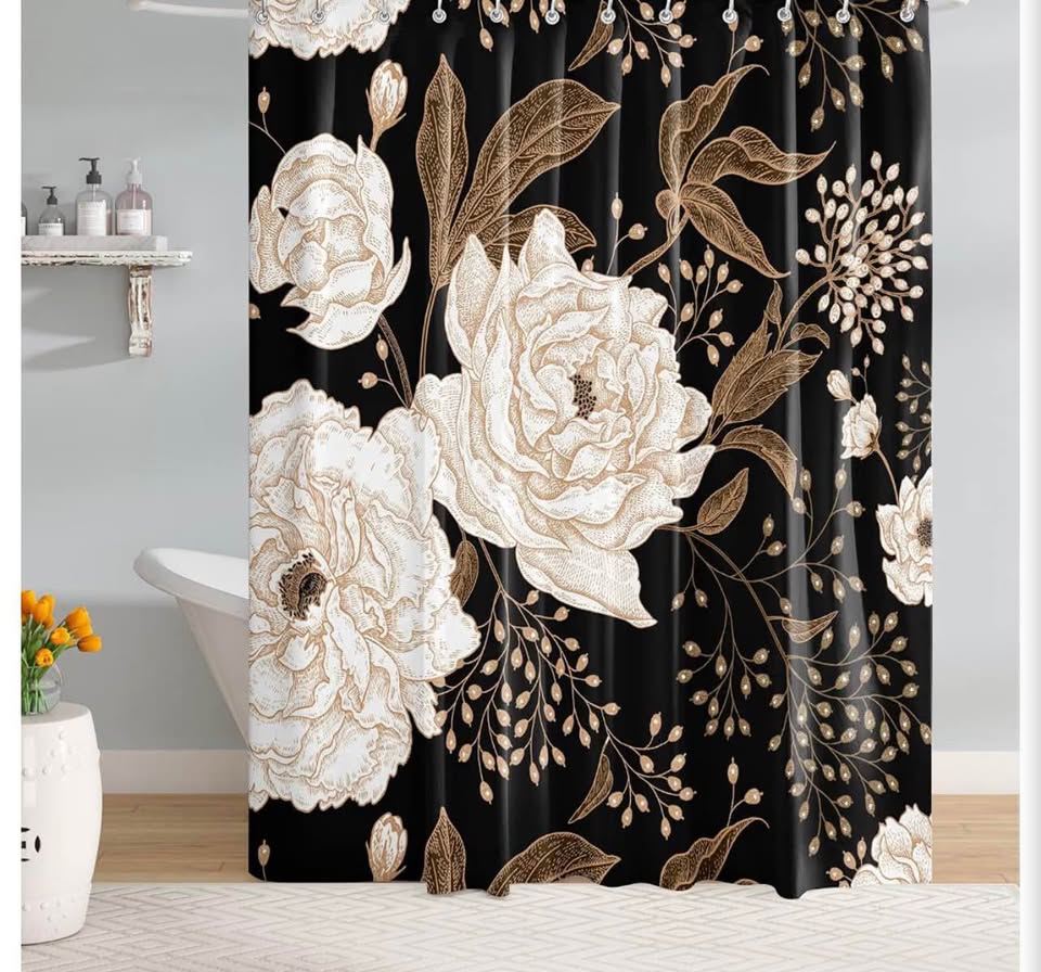 Extra Long Black Gold Floral Shower Curtain 72 x 84 Inch, Waterproof Fabric Wate