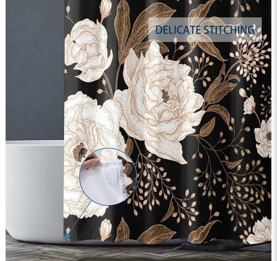 Extra Long Black Gold Floral Shower Curtain 72 x 84 Inch, Waterproof Fabric Wate
