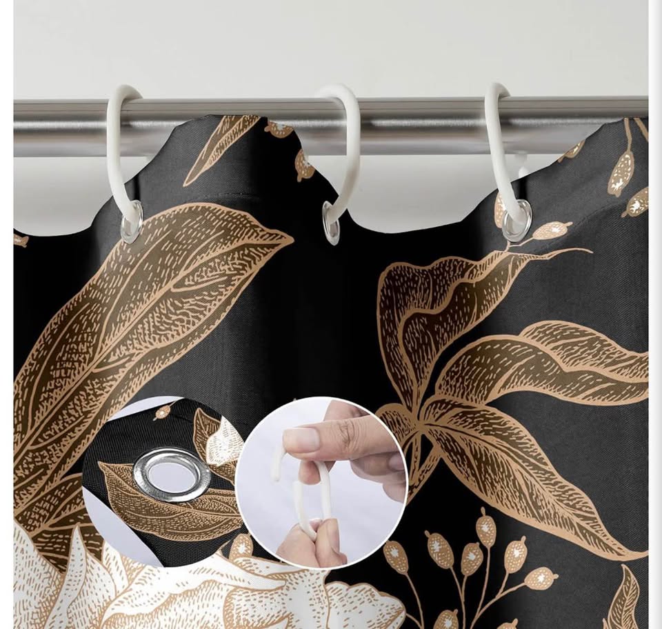 Extra Long Black Gold Floral Shower Curtain 72 x 84 Inch, Waterproof Fabric Wate
