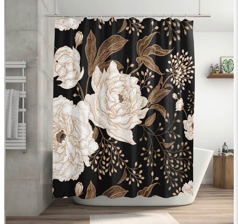 Extra Long Black Gold Floral Shower Curtain 72 x 84 Inch, Waterproof Fabric Wate