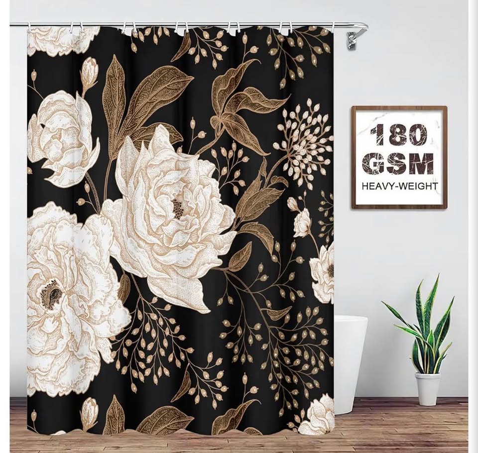 Extra Long Black Gold Floral Shower Curtain 72 x 84 Inch, Waterproof Fabric Wate