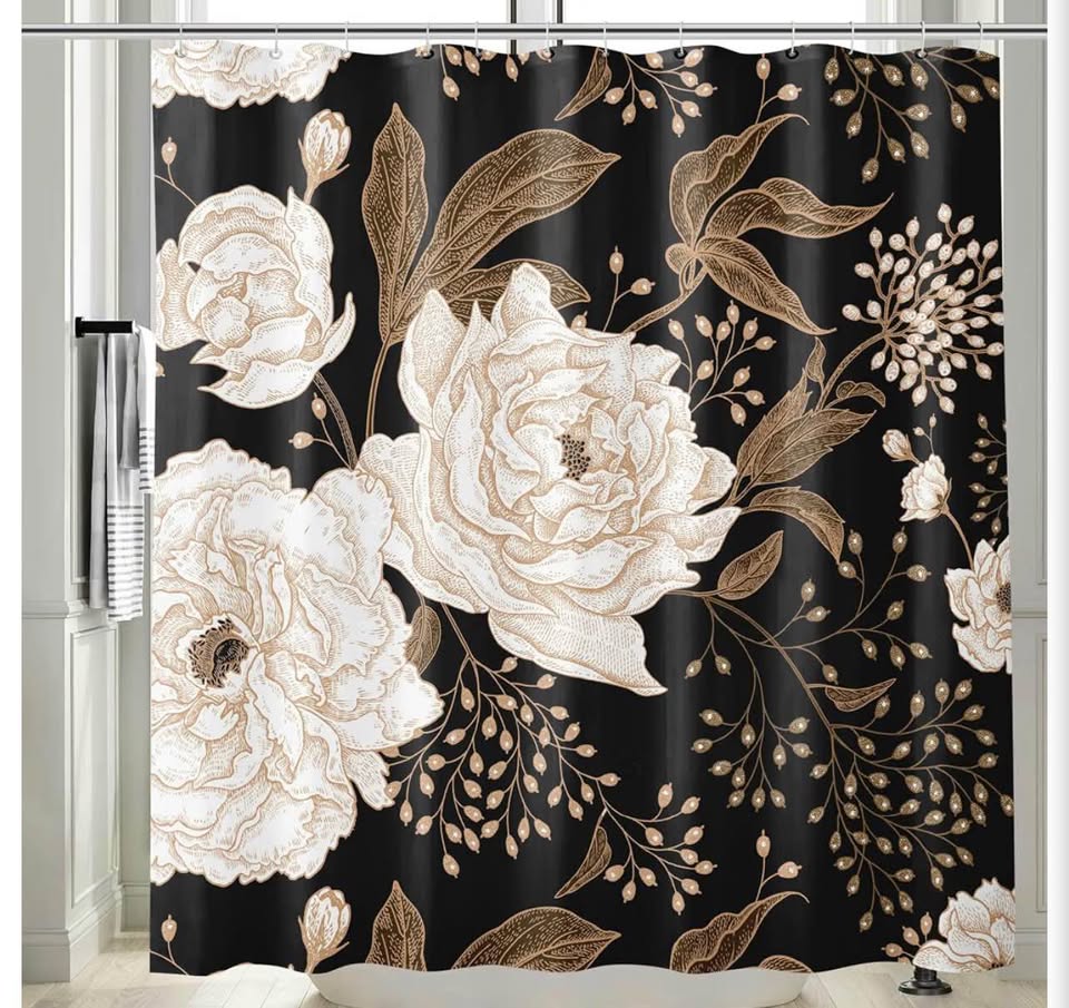 Extra Long Black Gold Floral Shower Curtain 72 x 84 Inch, Waterproof Fabric Wate