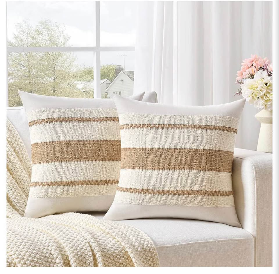 Set of 2 Boho Cotton and Burlap Pillow Covers
