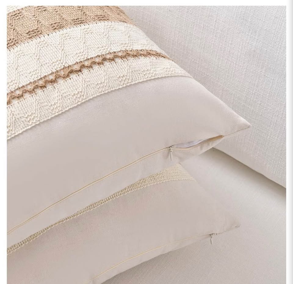 Set of 2 Boho Cotton and Burlap Pillow Covers