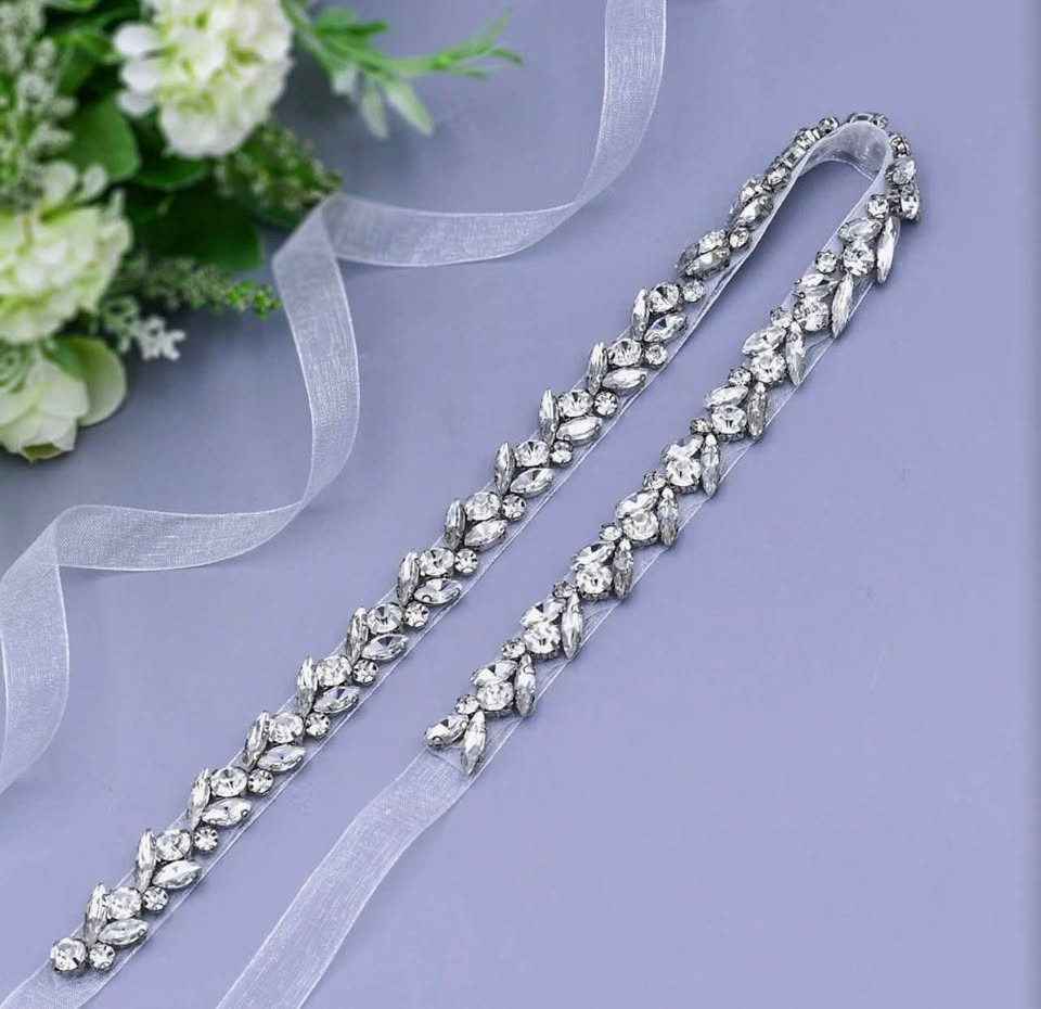 Rhinestone Thin Bridal Belt Wedding Dress Belt Handmade Sash for Bride and Bride