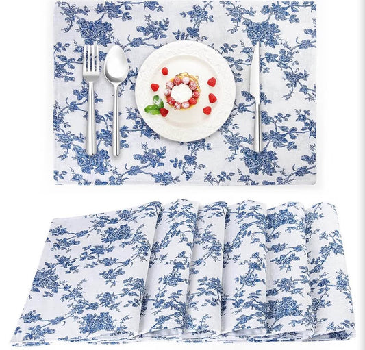 Blue Floral Cloth Placemats Set of 6 Vintage 13 x 19 Inch
Linen Washable Fabric 