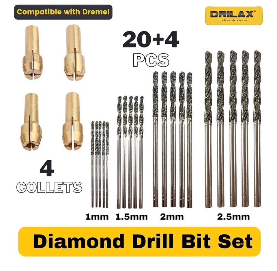 Drilax 24-Piece Diamond Drill Bit Set (1mm, 1.5mm, 2mm, 2.5mm) Compatible with D