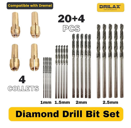 Drilax 24-Piece Diamond Drill Bit Set (1mm, 1.5mm, 2mm, 2.5mm) Compatible with D