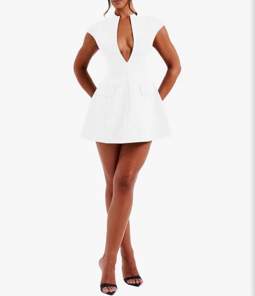 White Deep V-Neck Blazer Mini Dress M