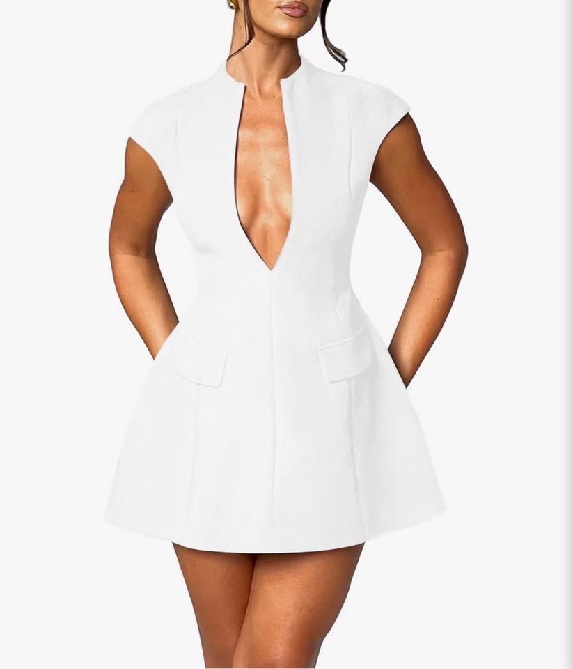 White Deep V-Neck Blazer Mini Dress M