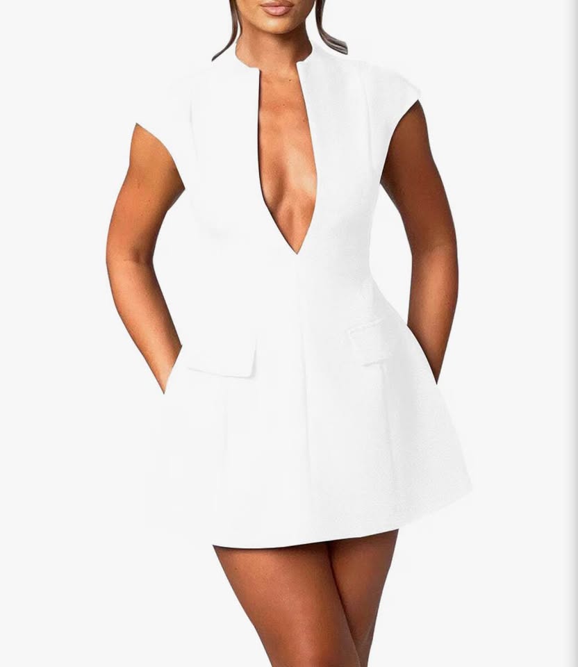 White Deep V-Neck Blazer Mini Dress M