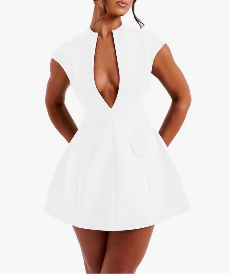 White Deep V-Neck Blazer Mini Dress M