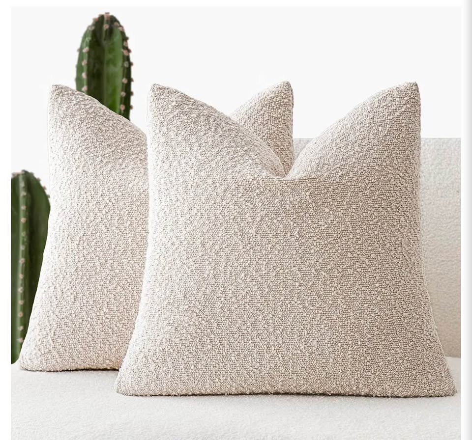 Beige Bouclé Textured Throw Pillow Covers - Set of 2