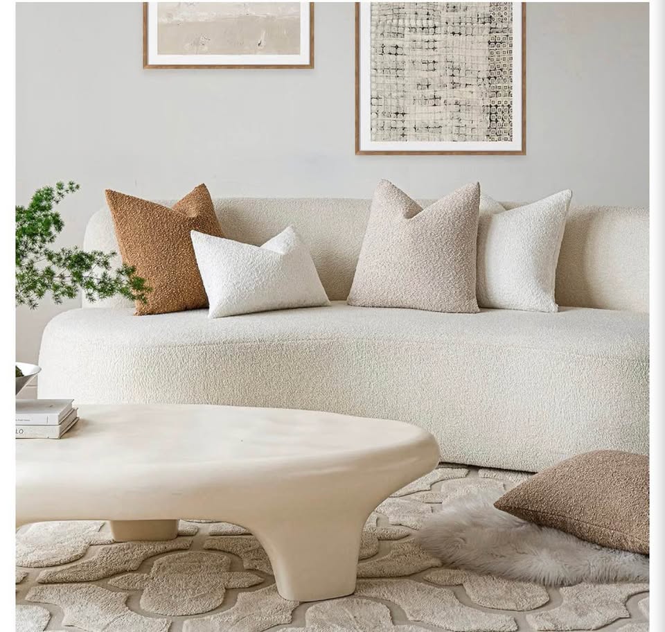 Beige Bouclé Textured Throw Pillow Covers - Set of 2
