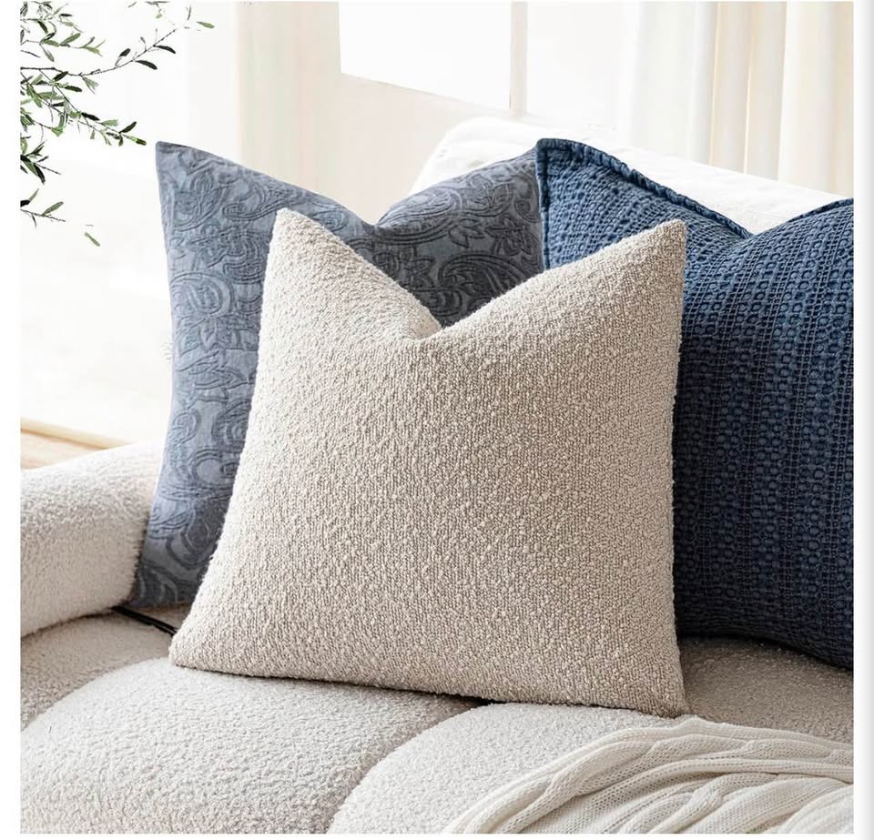 Beige Bouclé Textured Throw Pillow Covers - Set of 2