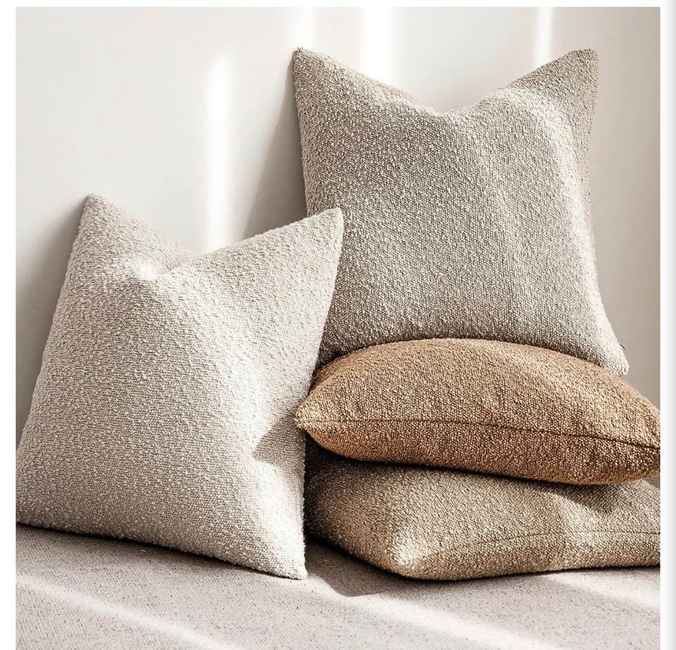 Beige Bouclé Textured Throw Pillow Covers - Set of 2