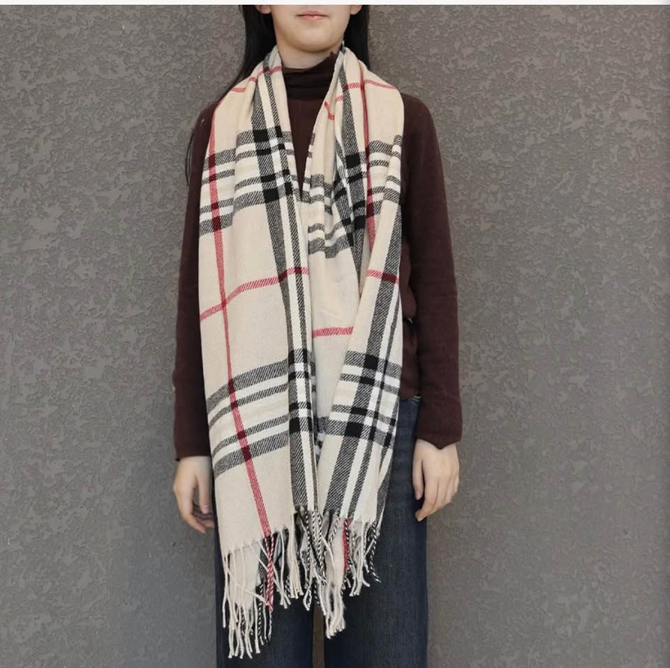 Classic Plaid Checkered Scarf with Fringe