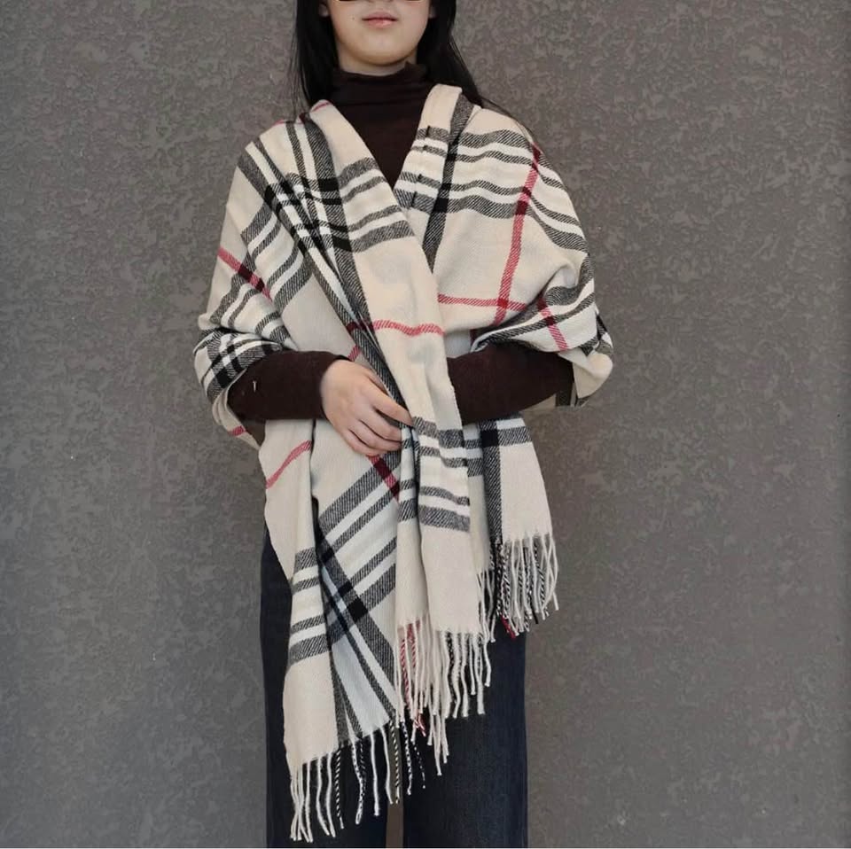 Classic Plaid Checkered Scarf with Fringe