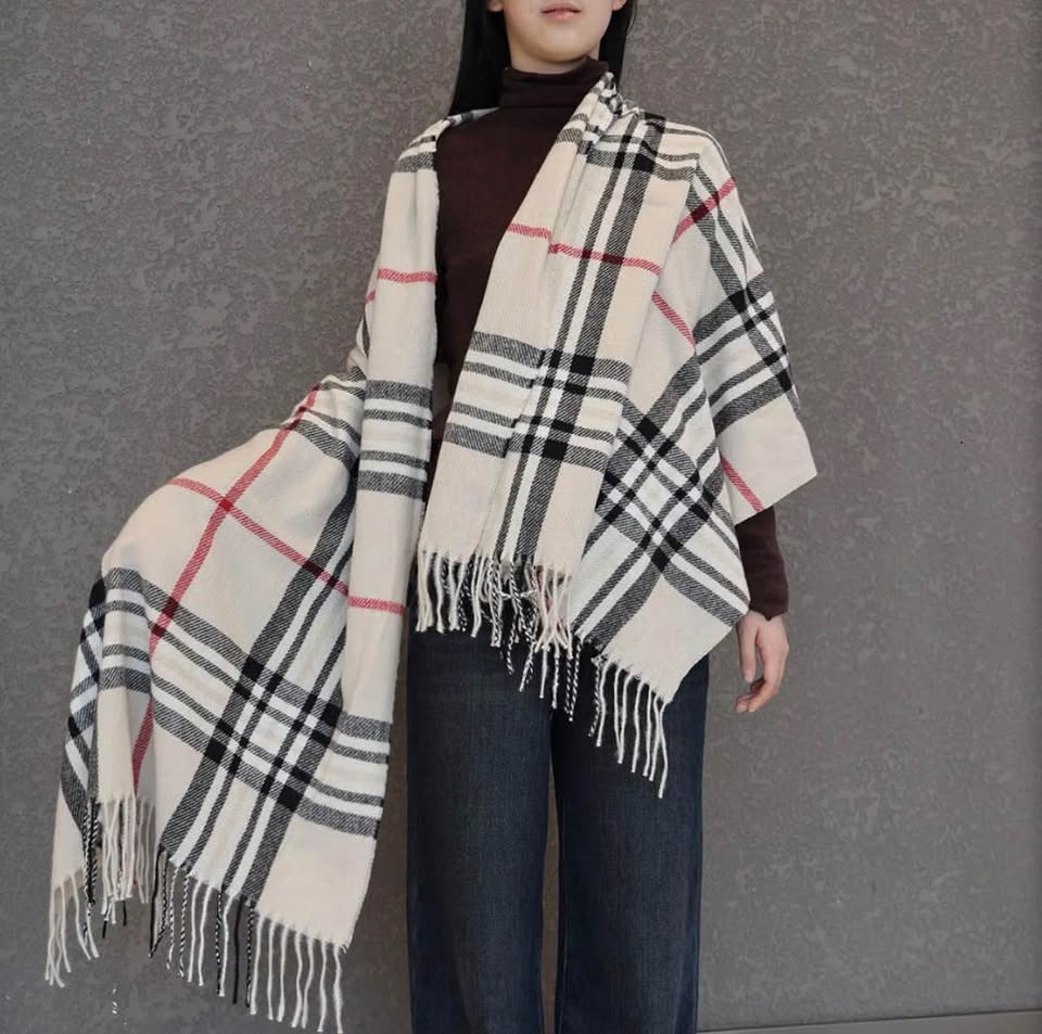 Classic Plaid Checkered Scarf with Fringe